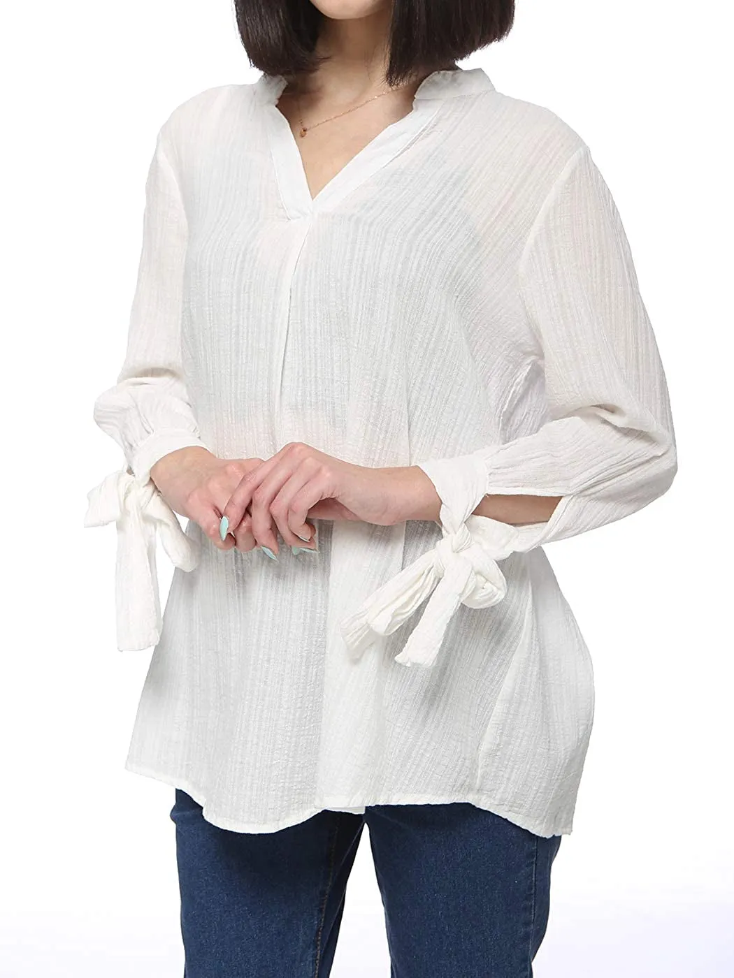Women's Cotton Loose Blouse Top Split Neck Tunic V Neck Long Sleeve Shirt