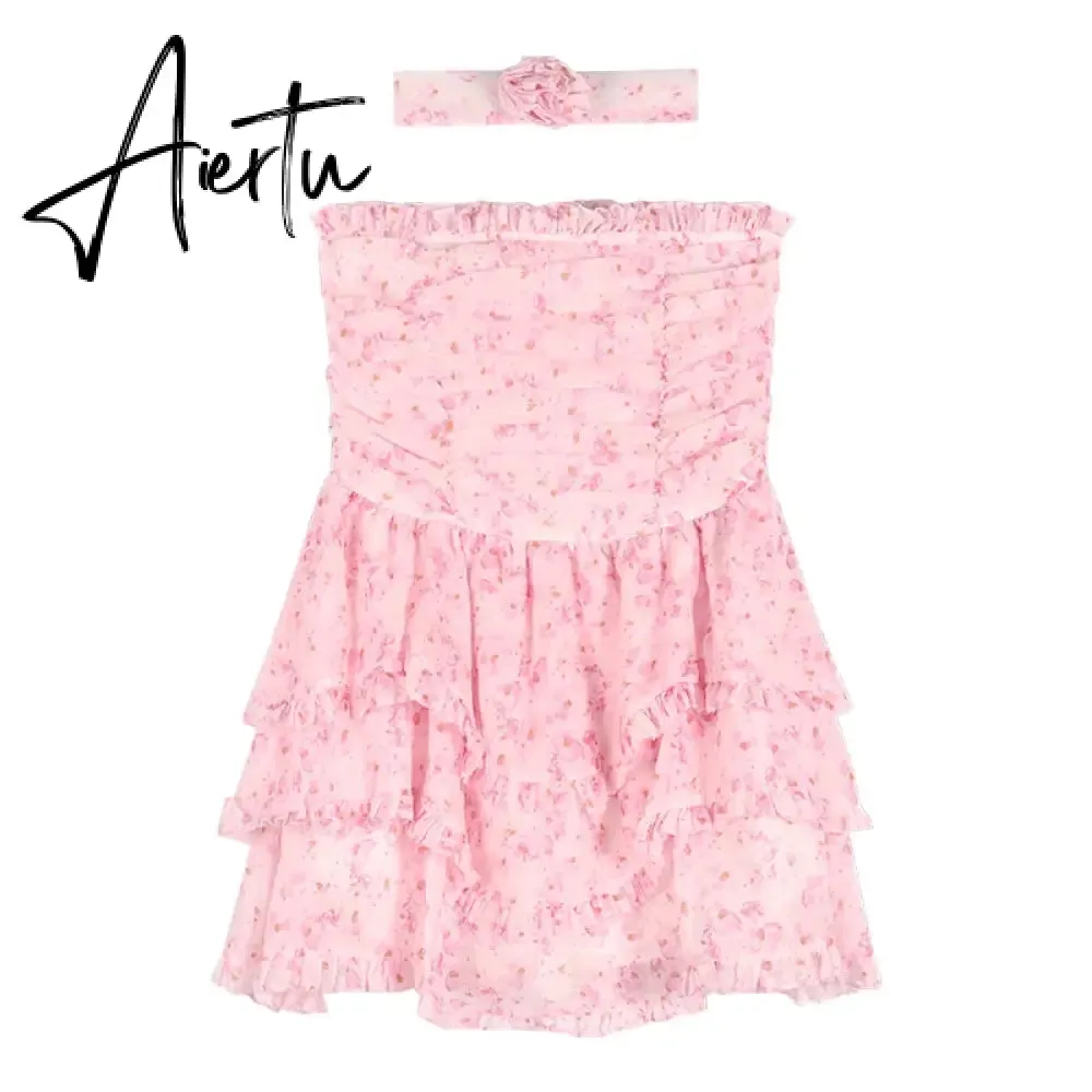 Wrapped Chest Floral Dress Women Summer French High Waist Holiday Dress  Puffy Bohemian Dress Irregular Sundress Femme Robe