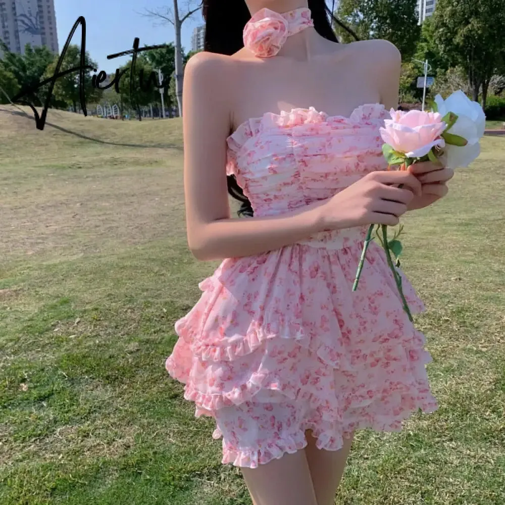 Wrapped Chest Floral Dress Women Summer French High Waist Holiday Dress  Puffy Bohemian Dress Irregular Sundress Femme Robe