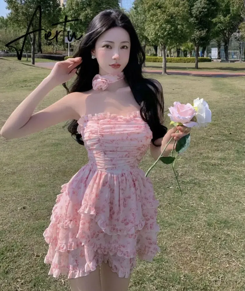 Wrapped Chest Floral Dress Women Summer French High Waist Holiday Dress  Puffy Bohemian Dress Irregular Sundress Femme Robe