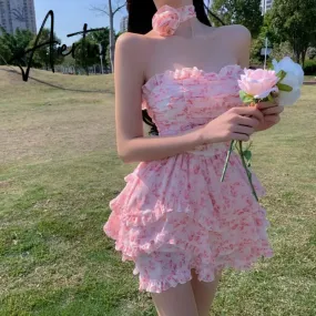Wrapped Chest Floral Dress Women Summer French High Waist Holiday Dress  Puffy Bohemian Dress Irregular Sundress Femme Robe