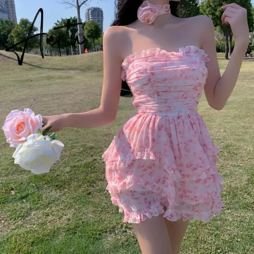 Wrapped Chest Floral Dress Women Summer French High Waist Holiday Dress  Puffy Bohemian Dress Irregular Sundress Femme Robe