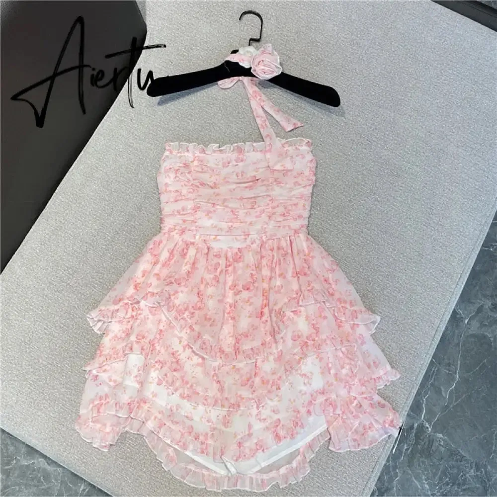 Wrapped Chest Floral Dress Women Summer French High Waist Holiday Dress  Puffy Bohemian Dress Irregular Sundress Femme Robe
