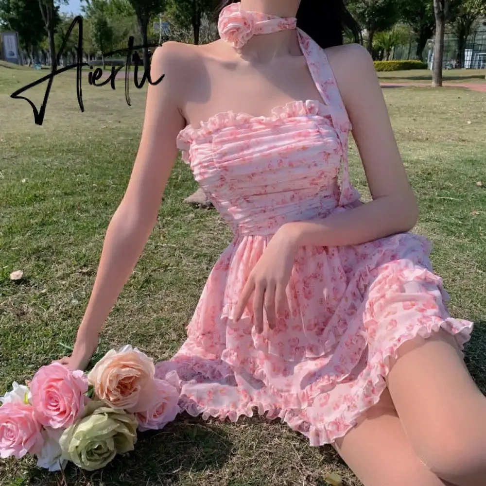 Wrapped Chest Floral Dress Women Summer French High Waist Holiday Dress  Puffy Bohemian Dress Irregular Sundress Femme Robe