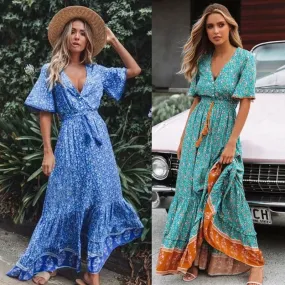 Yeknu Retro Maxi Dress Women Summer Short Sleeve V neck High waist Dress Floral Print Boho Beach Long Dress