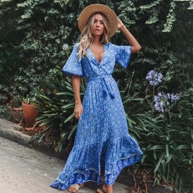 Yeknu Retro Maxi Dress Women Summer Short Sleeve V neck High waist Dress Floral Print Boho Beach Long Dress