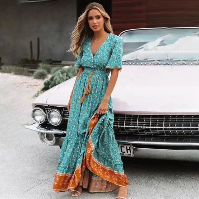 Yeknu Retro Maxi Dress Women Summer Short Sleeve V neck High waist Dress Floral Print Boho Beach Long Dress
