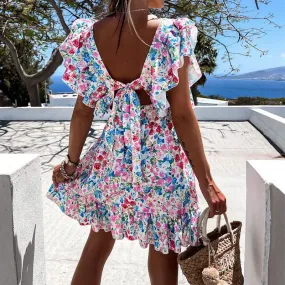 Yeknu Summer Butterfly Sleeve Floral Print Dress Women Ruffle Square Collar Back Lace-up Sundress Boho A Line Beach Party Dress