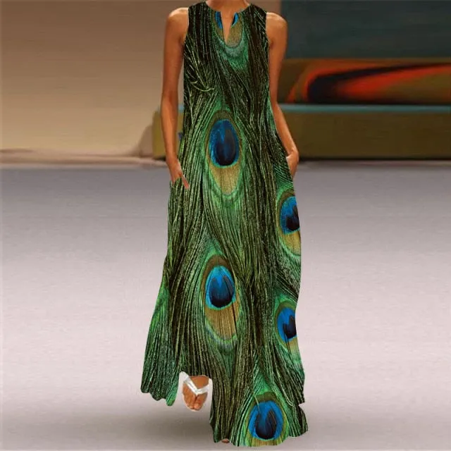 Yeknu Yeknu New Fashion Butterfly Print Summer Dress Casual Sexy Boho Beach Dresses Women V-neck Sleeveless Pocket Large size Long Dress