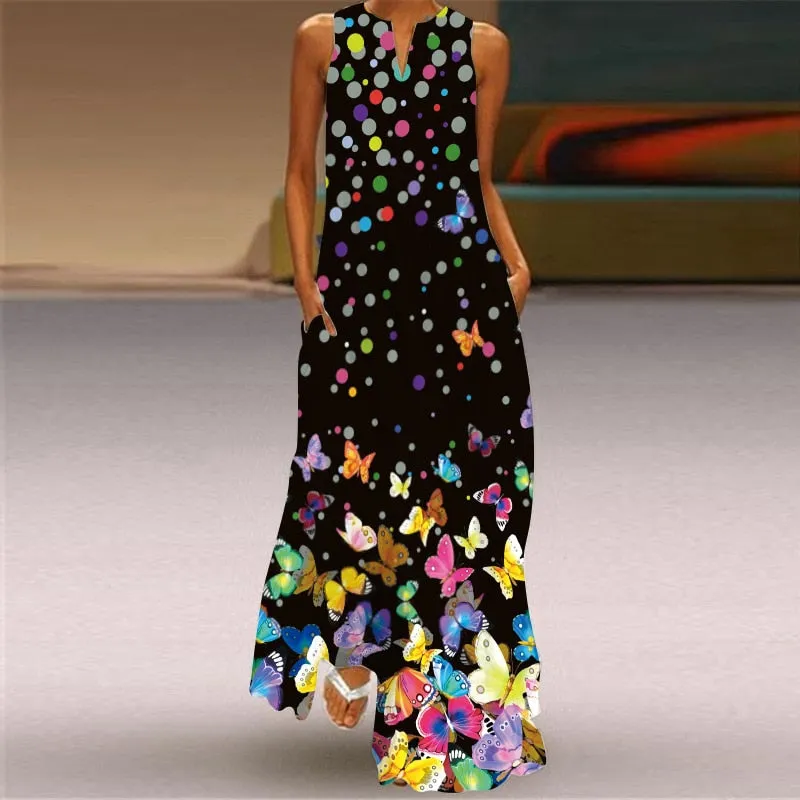 Yeknu Yeknu New Fashion Butterfly Print Summer Dress Casual Sexy Boho Beach Dresses Women V-neck Sleeveless Pocket Large size Long Dress