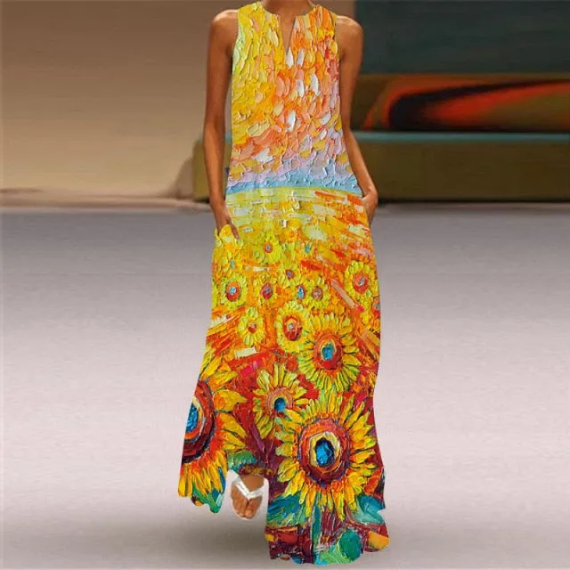Yeknu Yeknu New Fashion Butterfly Print Summer Dress Casual Sexy Boho Beach Dresses Women V-neck Sleeveless Pocket Large size Long Dress