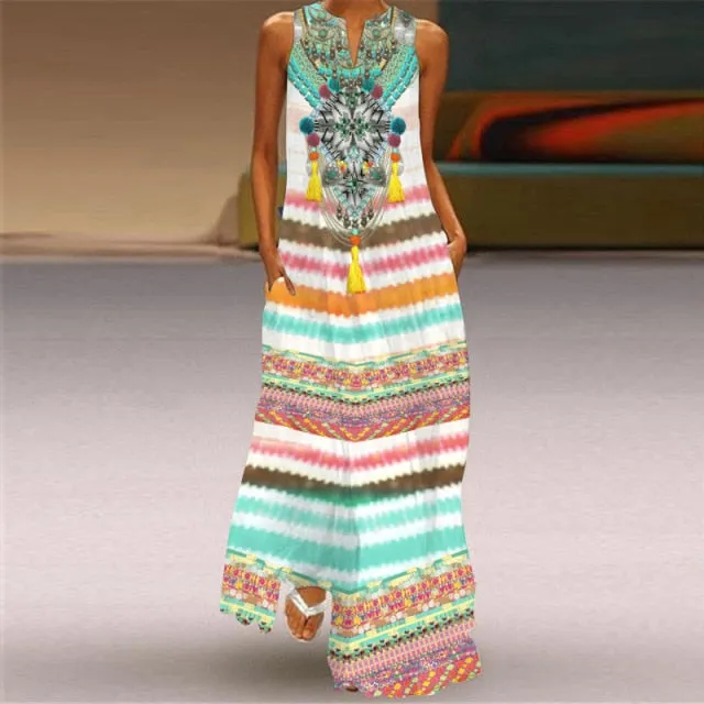 Yeknu Yeknu New Fashion Butterfly Print Summer Dress Casual Sexy Boho Beach Dresses Women V-neck Sleeveless Pocket Large size Long Dress