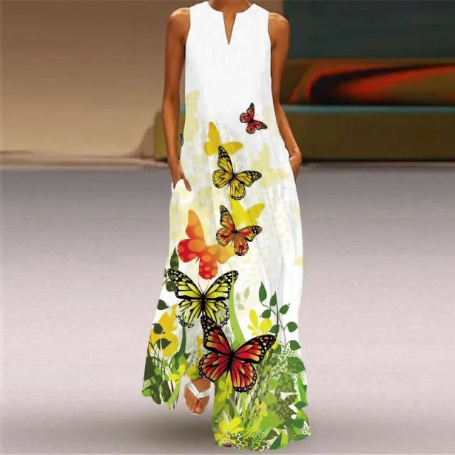 Yeknu Yeknu New Fashion Butterfly Print Summer Dress Casual Sexy Boho Beach Dresses Women V-neck Sleeveless Pocket Large size Long Dress