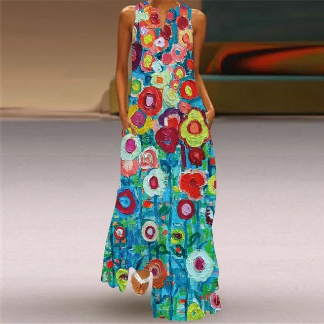 Yeknu Yeknu New Fashion Butterfly Print Summer Dress Casual Sexy Boho Beach Dresses Women V-neck Sleeveless Pocket Large size Long Dress