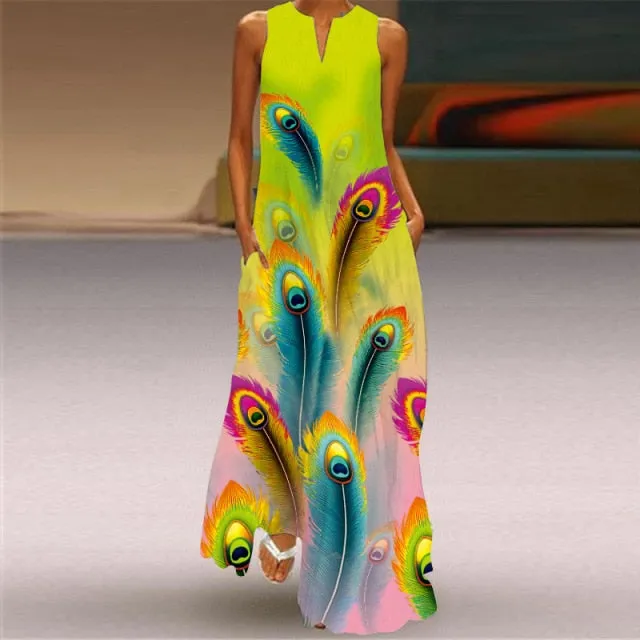 Yeknu Yeknu New Fashion Butterfly Print Summer Dress Casual Sexy Boho Beach Dresses Women V-neck Sleeveless Pocket Large size Long Dress