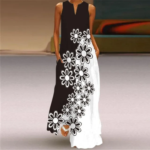 Yeknu Yeknu New Fashion Butterfly Print Summer Dress Casual Sexy Boho Beach Dresses Women V-neck Sleeveless Pocket Large size Long Dress