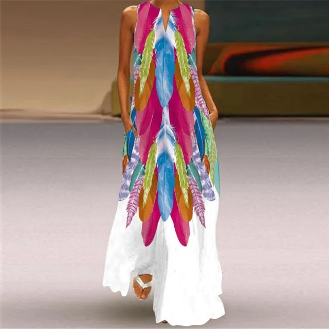 Yeknu Yeknu New Fashion Butterfly Print Summer Dress Casual Sexy Boho Beach Dresses Women V-neck Sleeveless Pocket Large size Long Dress