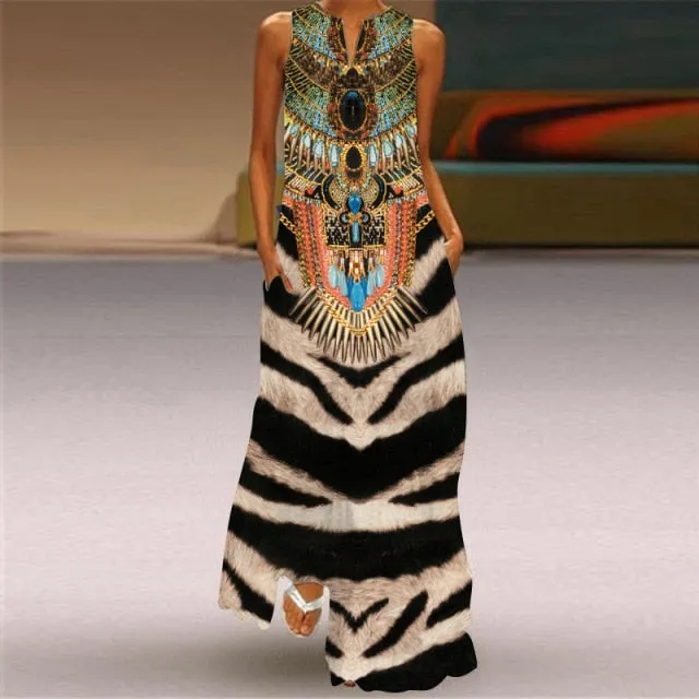 Yeknu Yeknu New Fashion Butterfly Print Summer Dress Casual Sexy Boho Beach Dresses Women V-neck Sleeveless Pocket Large size Long Dress
