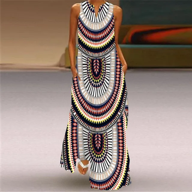 Yeknu Yeknu New Fashion Butterfly Print Summer Dress Casual Sexy Boho Beach Dresses Women V-neck Sleeveless Pocket Large size Long Dress