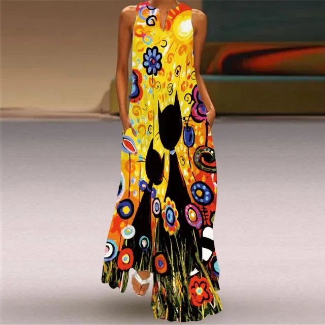 Yeknu Yeknu New Fashion Butterfly Print Summer Dress Casual Sexy Boho Beach Dresses Women V-neck Sleeveless Pocket Large size Long Dress
