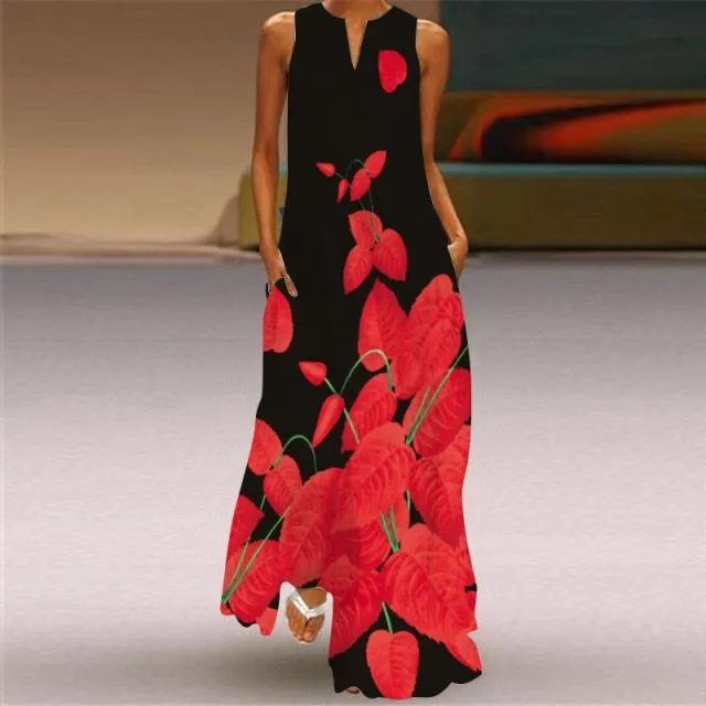 Yeknu Yeknu New Fashion Butterfly Print Summer Dress Casual Sexy Boho Beach Dresses Women V-neck Sleeveless Pocket Large size Long Dress