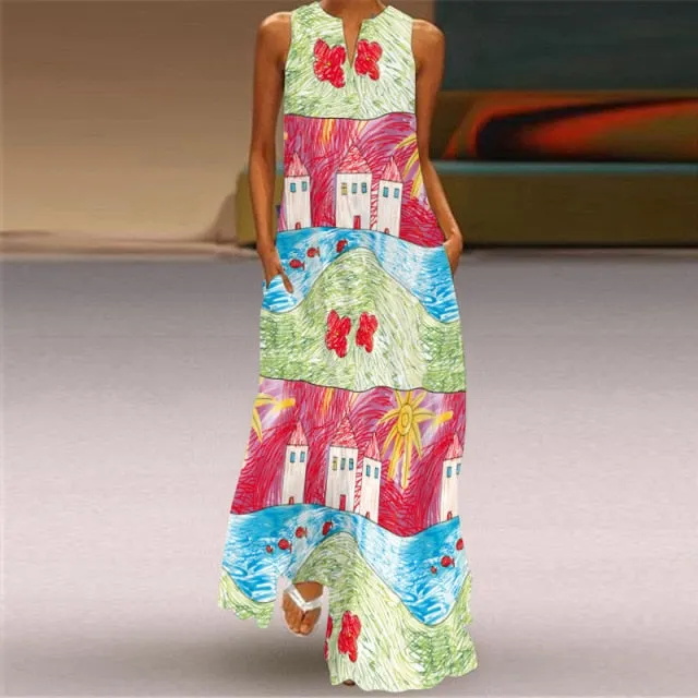 Yeknu Yeknu New Fashion Butterfly Print Summer Dress Casual Sexy Boho Beach Dresses Women V-neck Sleeveless Pocket Large size Long Dress