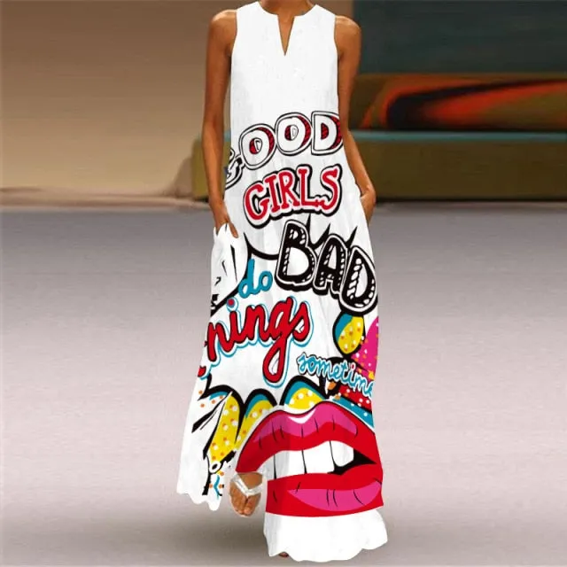 Yeknu Yeknu New Fashion Butterfly Print Summer Dress Casual Sexy Boho Beach Dresses Women V-neck Sleeveless Pocket Large size Long Dress