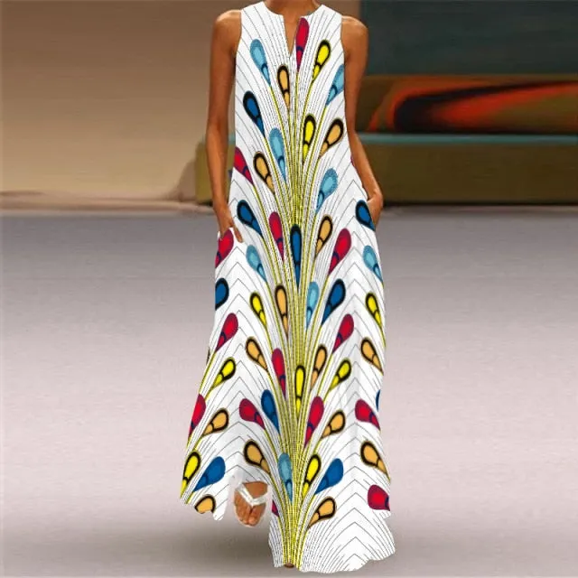 Yeknu Yeknu New Fashion Butterfly Print Summer Dress Casual Sexy Boho Beach Dresses Women V-neck Sleeveless Pocket Large size Long Dress