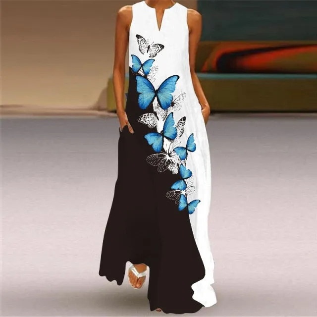 Yeknu Yeknu New Fashion Butterfly Print Summer Dress Casual Sexy Boho Beach Dresses Women V-neck Sleeveless Pocket Large size Long Dress