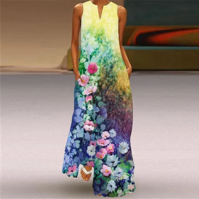 Yeknu Yeknu New Fashion Butterfly Print Summer Dress Casual Sexy Boho Beach Dresses Women V-neck Sleeveless Pocket Large size Long Dress