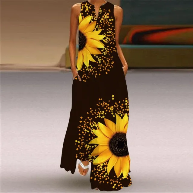 Yeknu Yeknu New Fashion Butterfly Print Summer Dress Casual Sexy Boho Beach Dresses Women V-neck Sleeveless Pocket Large size Long Dress