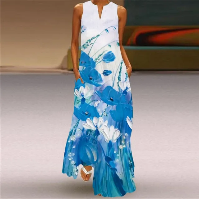 Yeknu Yeknu New Fashion Butterfly Print Summer Dress Casual Sexy Boho Beach Dresses Women V-neck Sleeveless Pocket Large size Long Dress