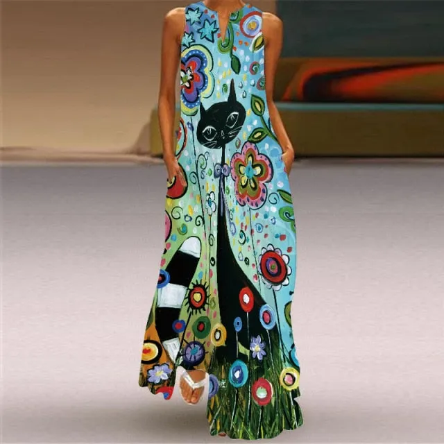 Yeknu Yeknu New Fashion Butterfly Print Summer Dress Casual Sexy Boho Beach Dresses Women V-neck Sleeveless Pocket Large size Long Dress