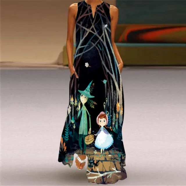 Yeknu Yeknu New Fashion Butterfly Print Summer Dress Casual Sexy Boho Beach Dresses Women V-neck Sleeveless Pocket Large size Long Dress
