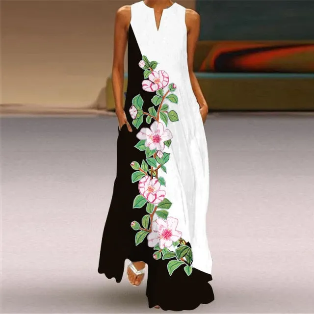 Yeknu Yeknu New Fashion Butterfly Print Summer Dress Casual Sexy Boho Beach Dresses Women V-neck Sleeveless Pocket Large size Long Dress