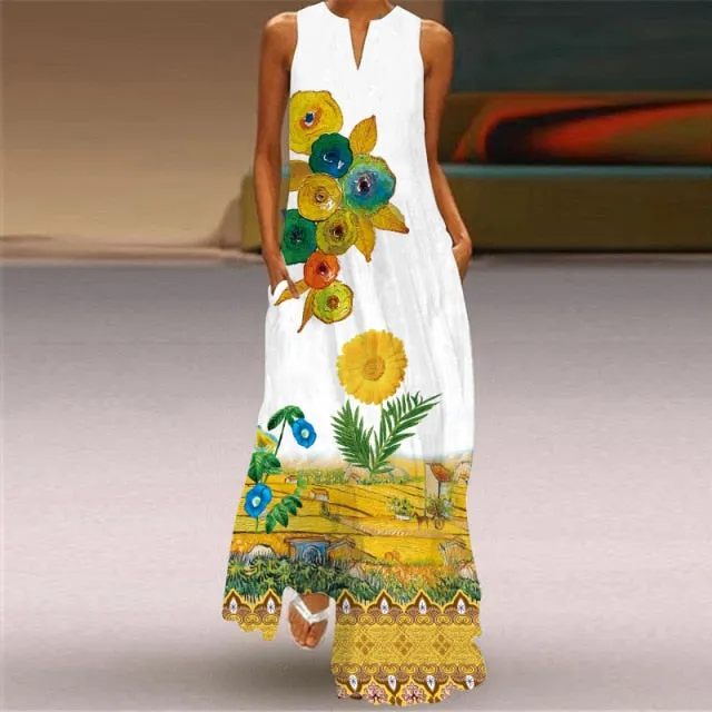 Yeknu Yeknu New Fashion Butterfly Print Summer Dress Casual Sexy Boho Beach Dresses Women V-neck Sleeveless Pocket Large size Long Dress