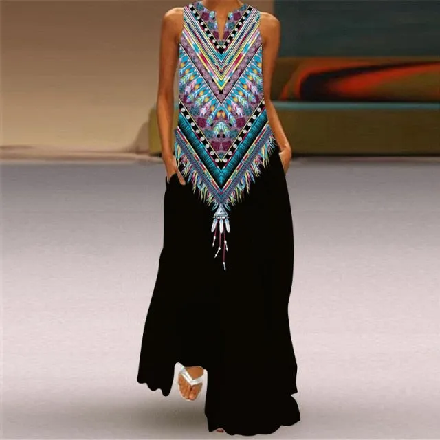 Yeknu Yeknu New Fashion Butterfly Print Summer Dress Casual Sexy Boho Beach Dresses Women V-neck Sleeveless Pocket Large size Long Dress