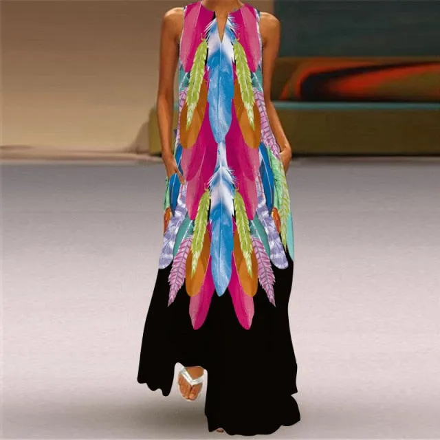 Yeknu Yeknu New Fashion Butterfly Print Summer Dress Casual Sexy Boho Beach Dresses Women V-neck Sleeveless Pocket Large size Long Dress