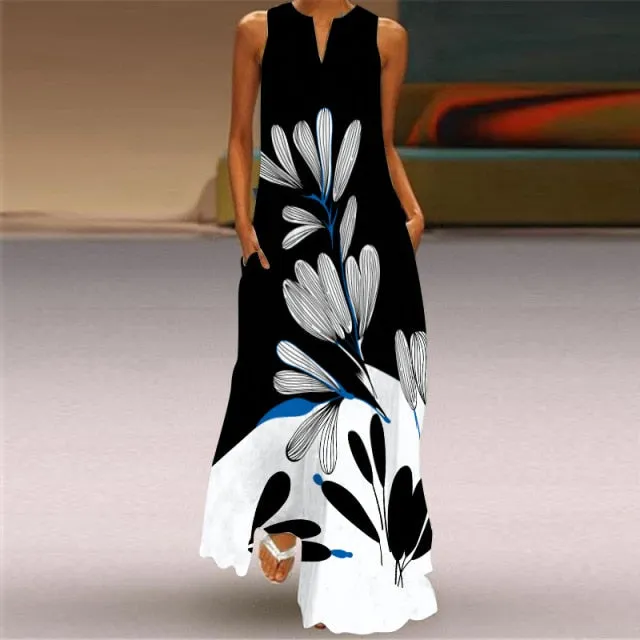 Yeknu Yeknu New Fashion Butterfly Print Summer Dress Casual Sexy Boho Beach Dresses Women V-neck Sleeveless Pocket Large size Long Dress