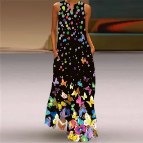 Yeknu Yeknu New Fashion Butterfly Print Summer Dress Casual Sexy Boho Beach Dresses Women V-neck Sleeveless Pocket Large size Long Dress