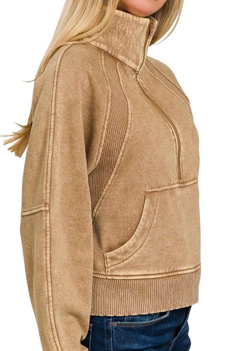 Zenana Cedar Rapids Deep Camel Half Zip Fleece Pullover